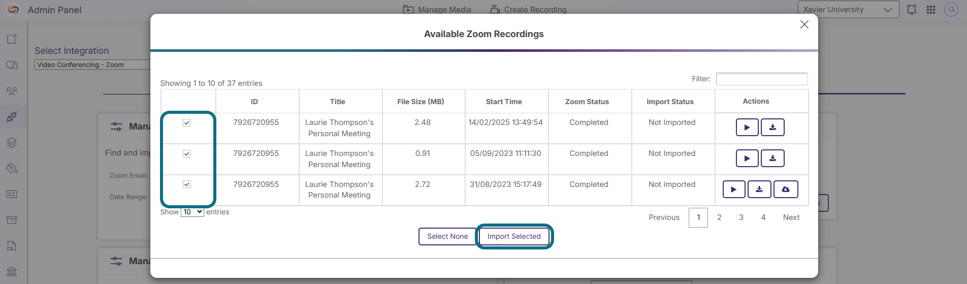 Lumina Available Zoom Recordings with recording check boxes and Import Selected circled