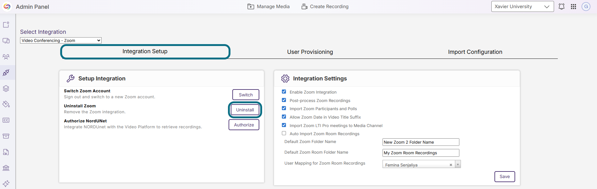 Lumina Zoom integration setup with the Uninstall button circled