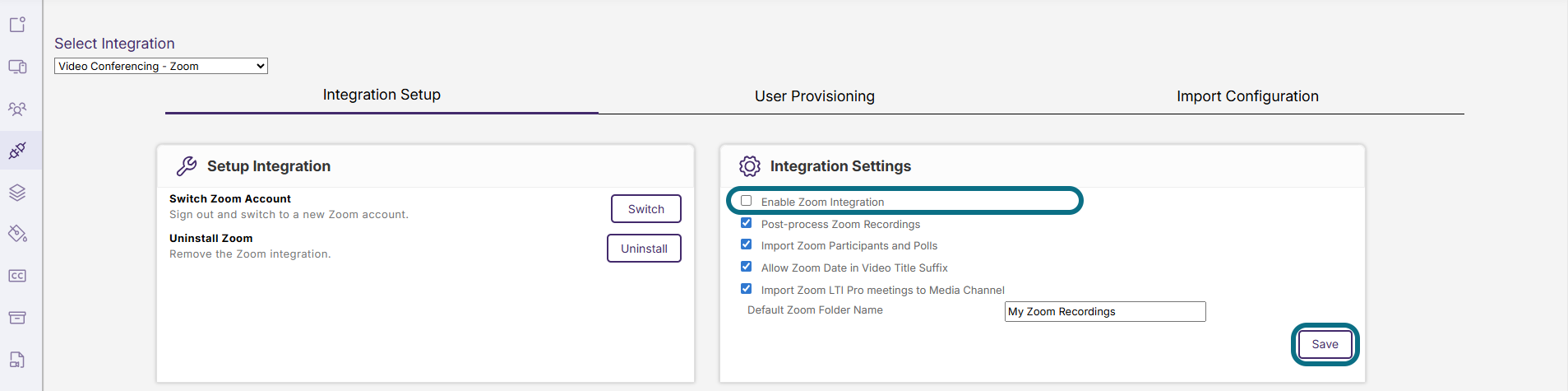 Lumina Zoom integration setup deselect the Enable Zoom integration checkbox