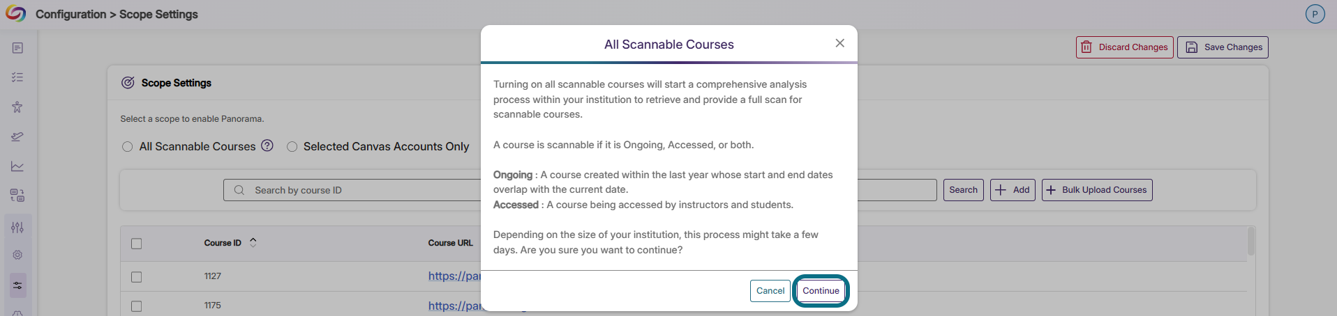 Panorama selecting All Scannable Courses