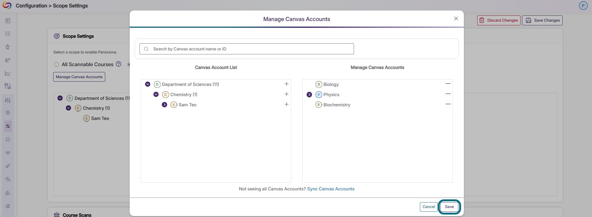 Panorama choosing Canvas Accounts Only