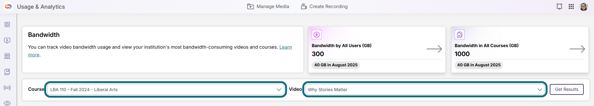 Lumina bandwidth page with course and video fields circled