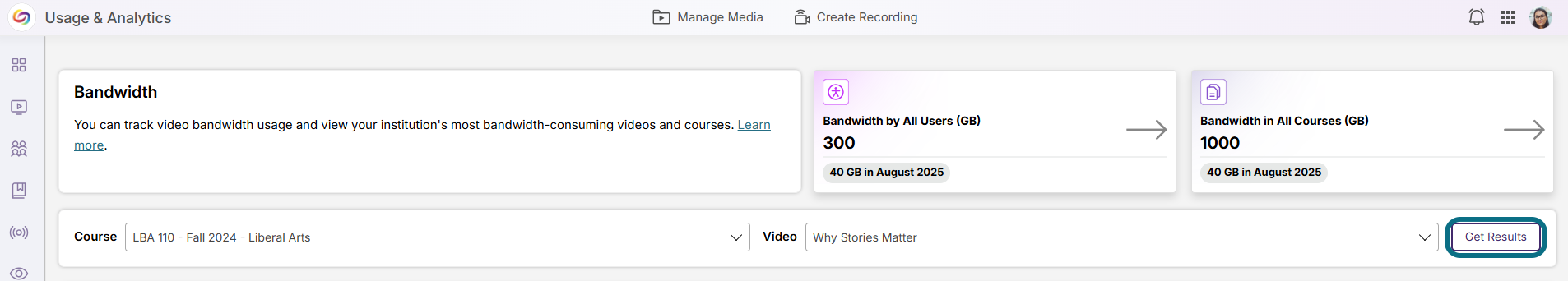 Lumina bandwidth page with get results button circled