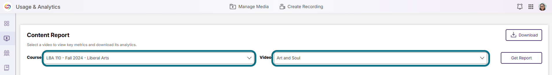 Lumina report page with course and video fields circled