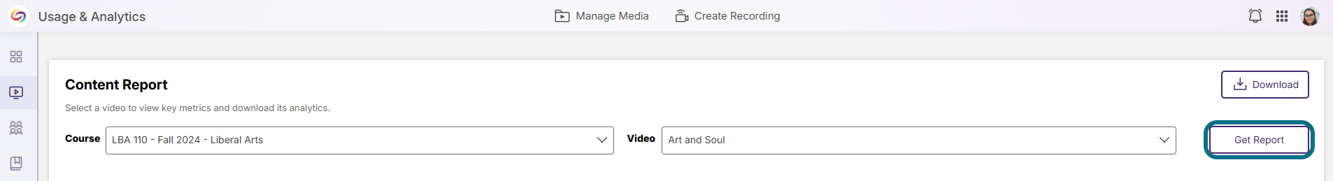 Lumina content report page with Get report button circled