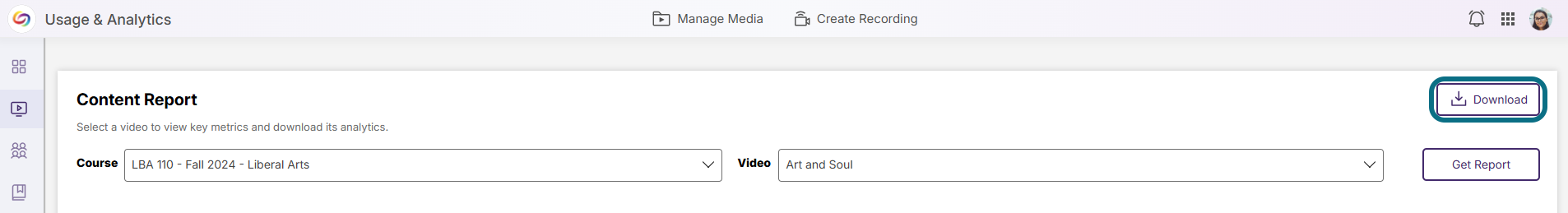 Lumina content report page with download button circled