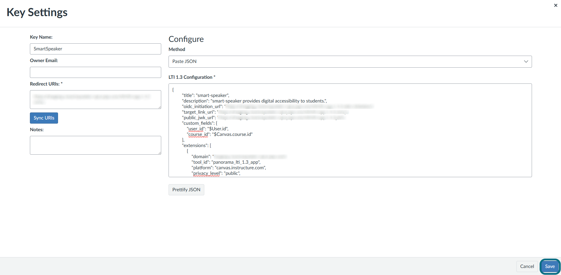 Canvas key settings page with Save button circled