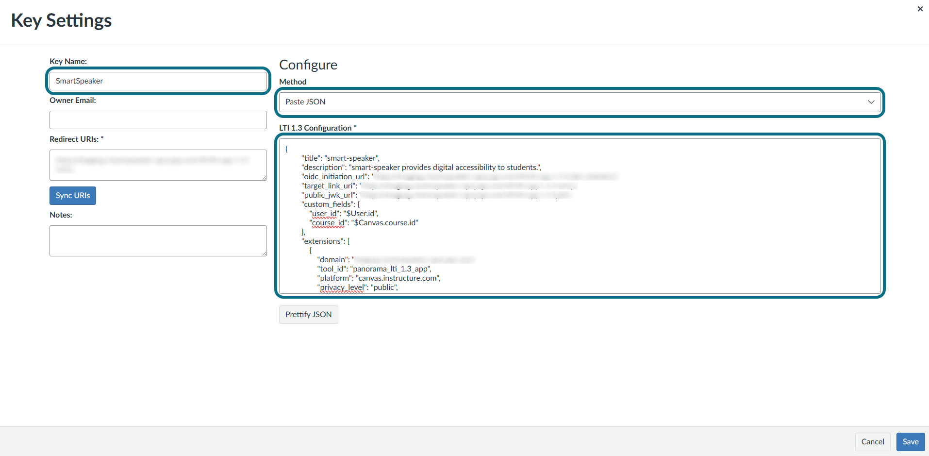 Canvas key settings page with method and JSON text circled