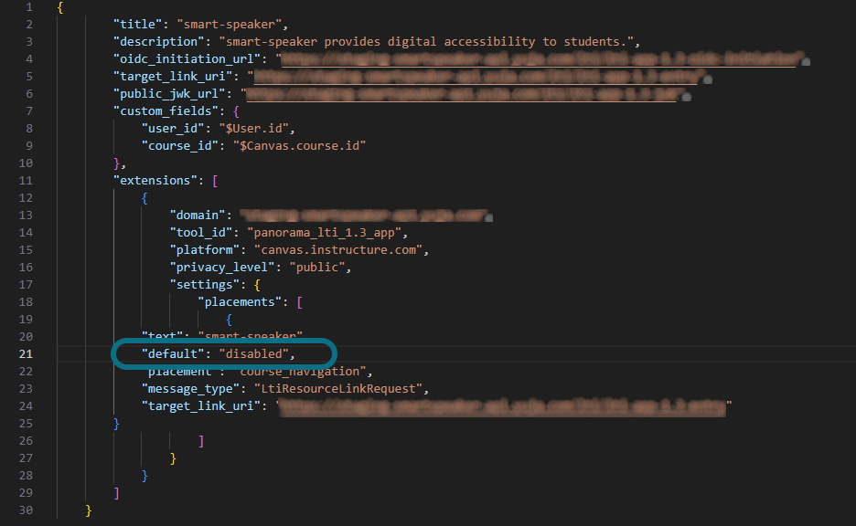JSON text with default disabled line circled