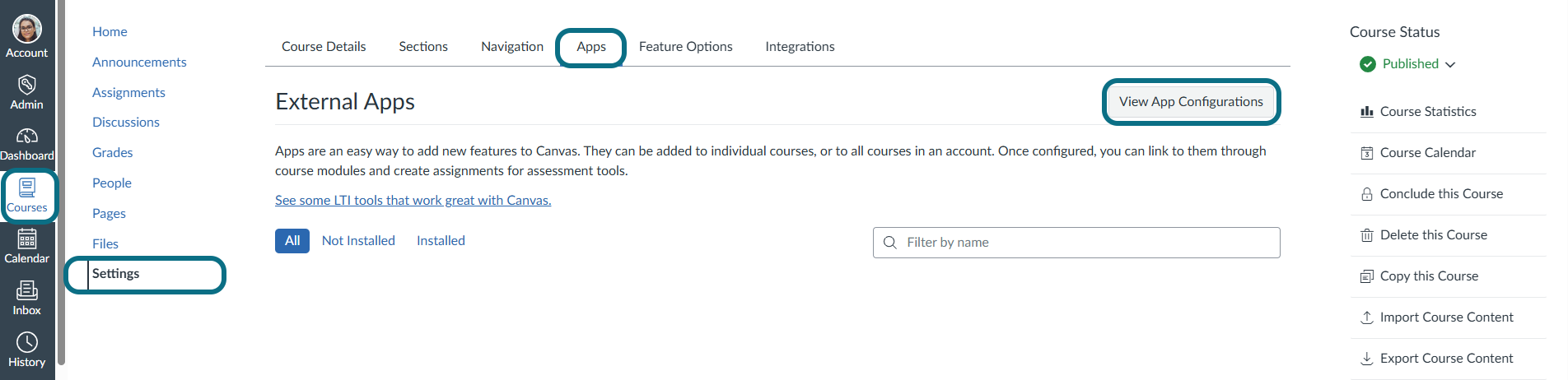 Canvas course apps page with apps and view app configurations buttons circled