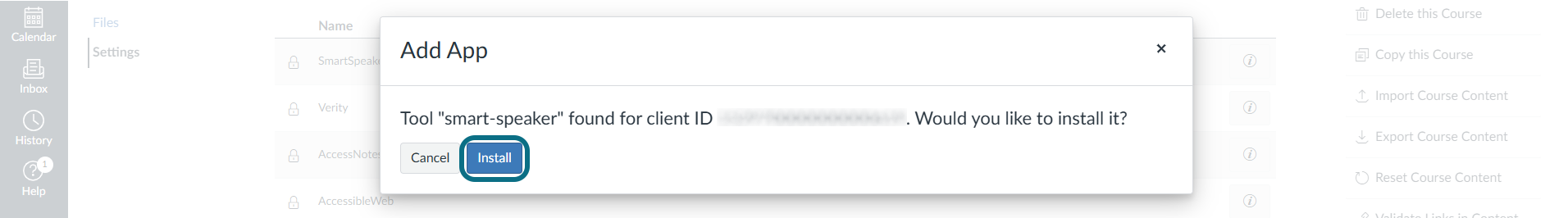 Canvas add app modal with install button circled