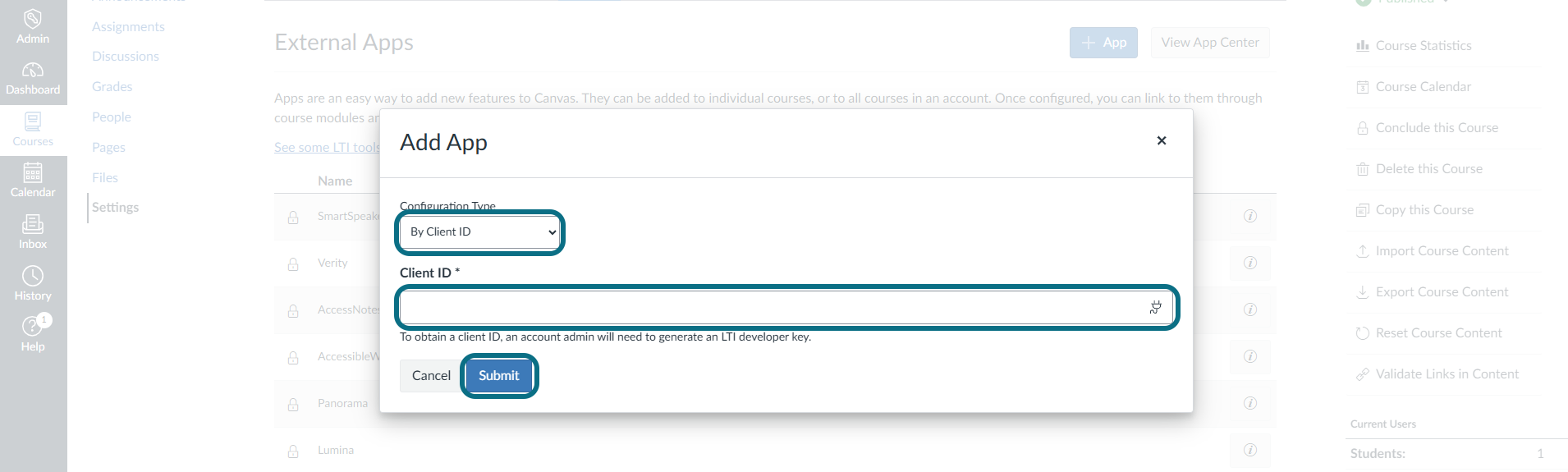 Canvas apps page with configuration type and client id fields and submit button circled