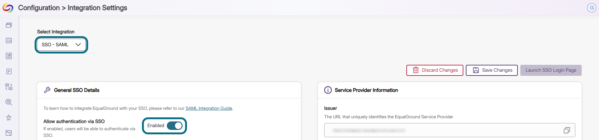 EqualGround integration settings with select integration field and allow authentication toggle circled