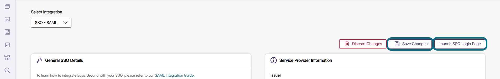 EqualGround integration settings with save changes and Launch SSO login page buttons circled