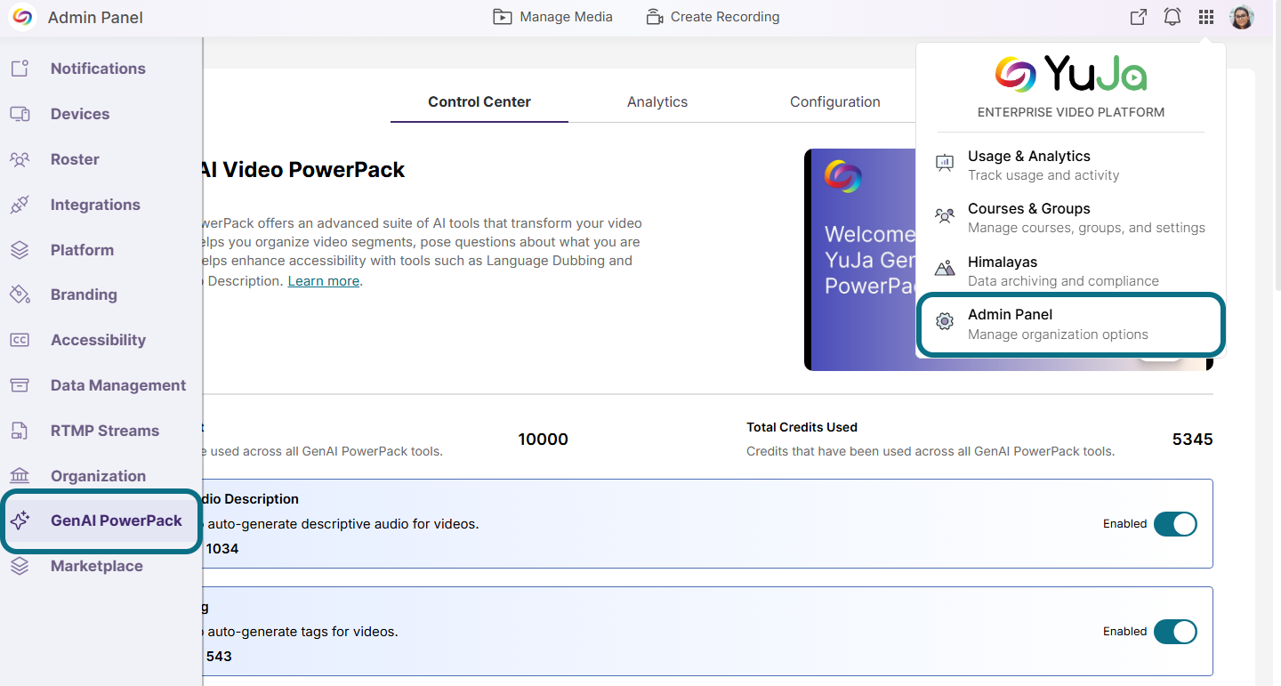 Configuring Gen AI powerpack within Admin Panel.