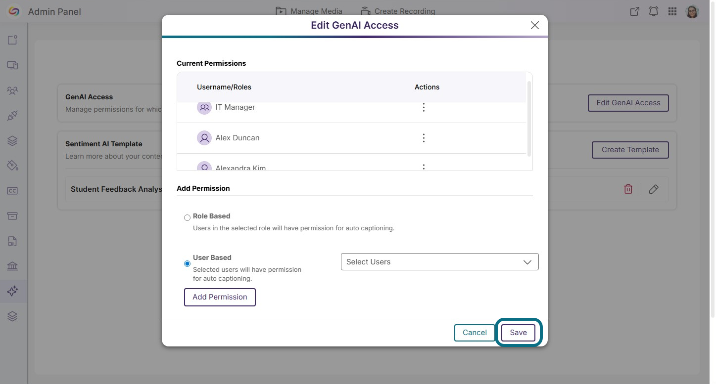 The save button within the Edit GenAI Access window.