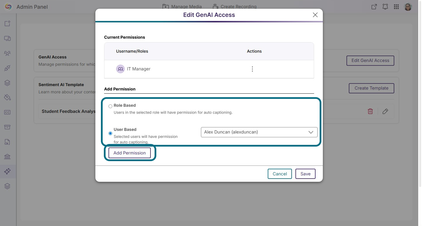 The Add permission section within the Edit GenAI Access window.