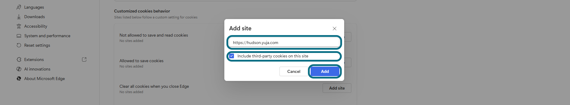 Firefox add sites to include third-party cookies