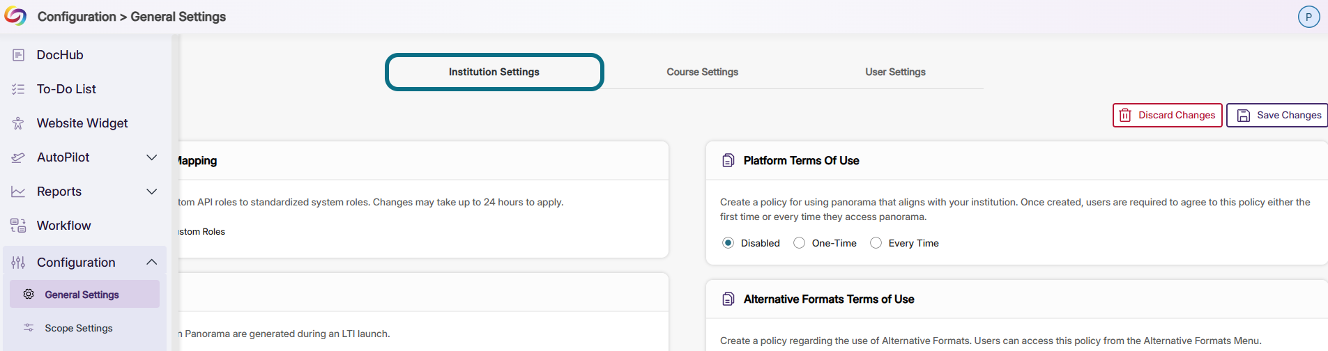 Panorama General settings page with Institution settings tab circled