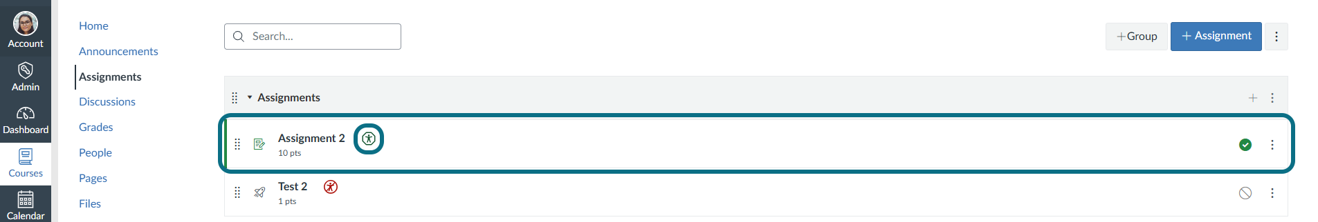 Panorama Assignments page with assignment 2 and the accessibility button circled