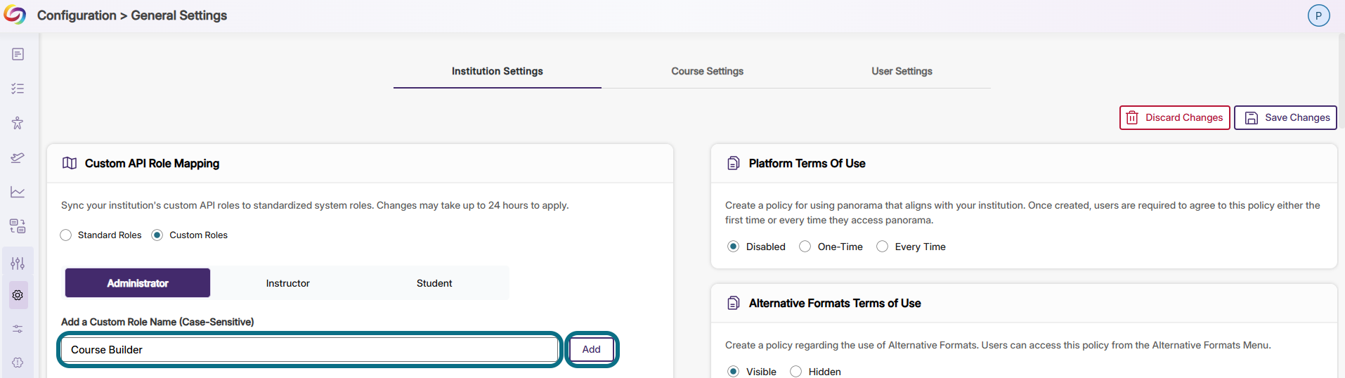 Panorama institution settings with custom role name and add button circled
