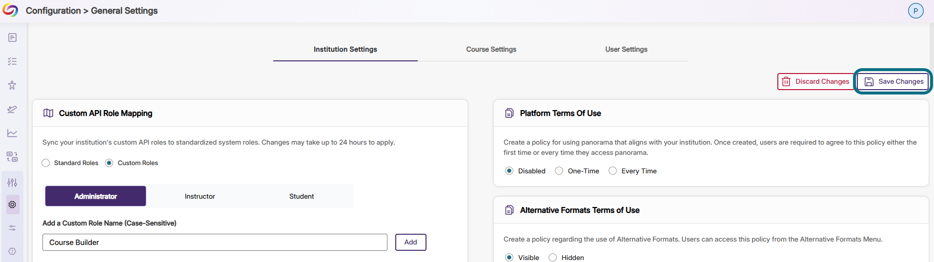 Panorama institution settings with save changes button circled