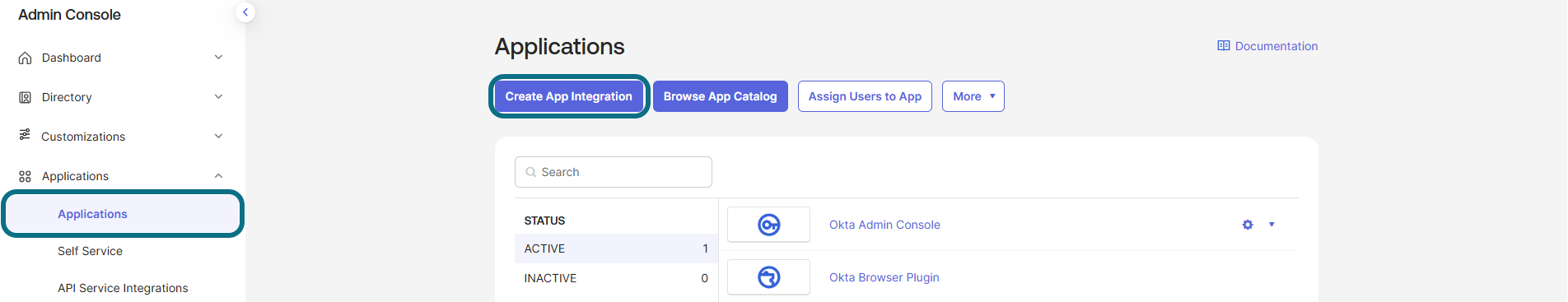 Okta applications page with applications and create app integration button circled