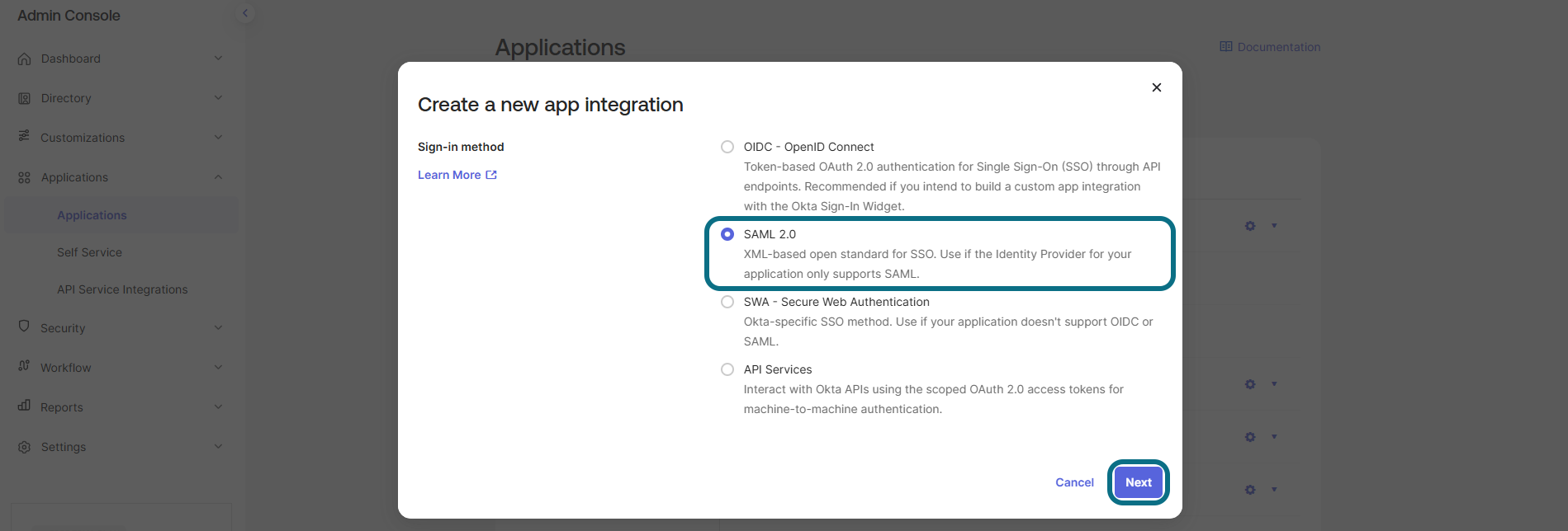 Okta new app integration modal with SAML and next button circled
