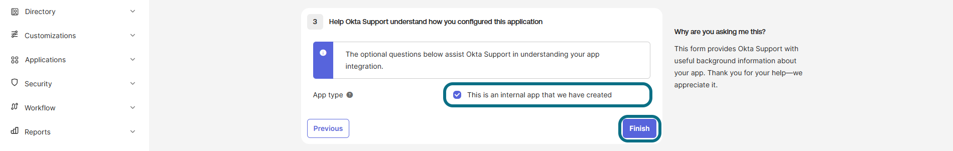 Okta with internal app radio button and finish button circled