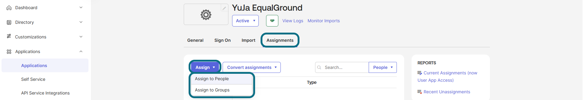 Okta with assignments tab and assign button circled
