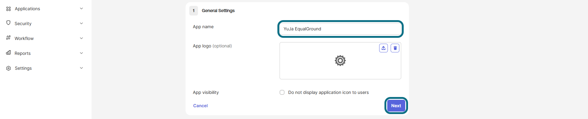 Okta general settings with app name field and next button circled