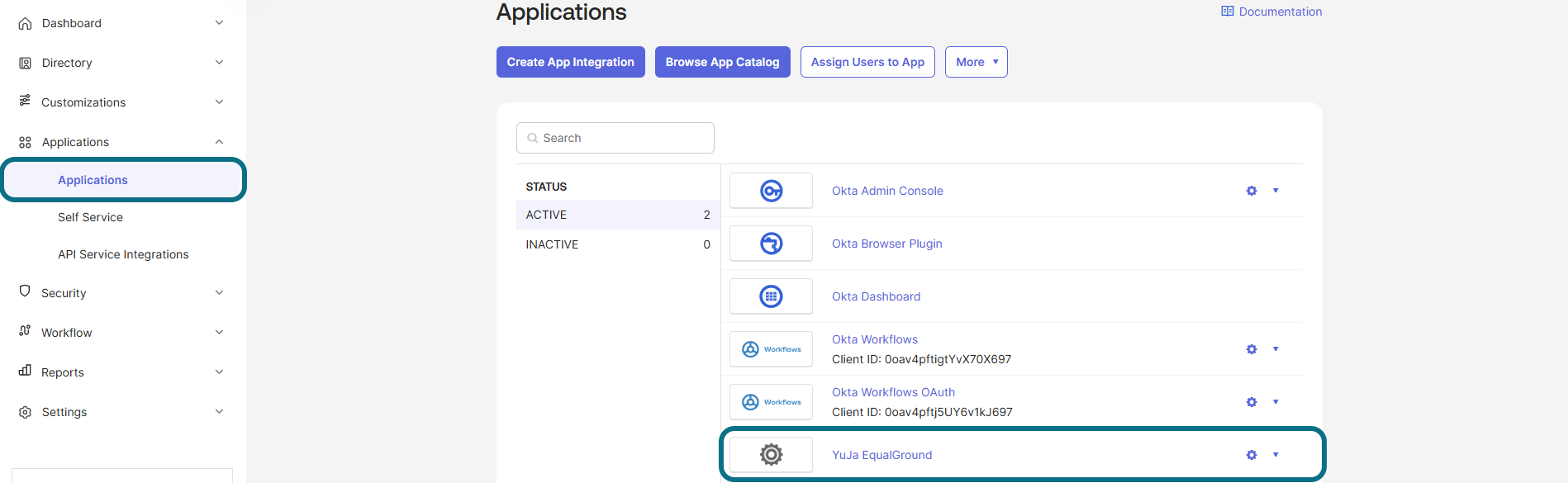 Okta application page with application and EqualGround circled