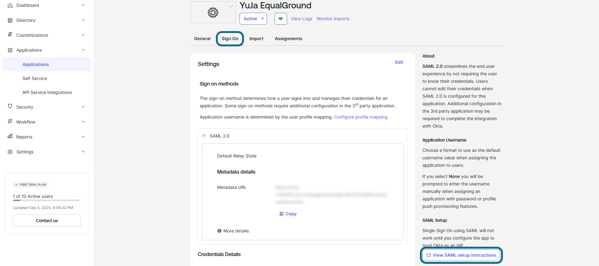 Okta EqualGround page with sign on tab and view SAML setup instructions button circled