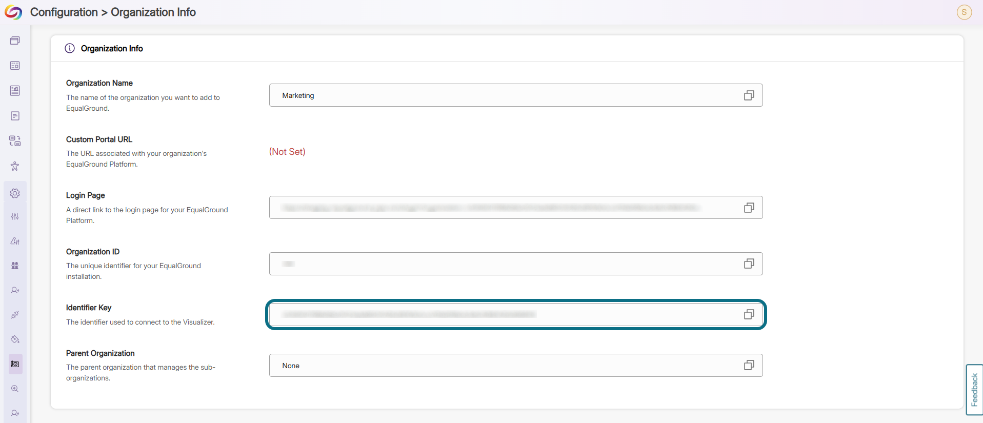 EqualGround organization information page with identifier key field circled