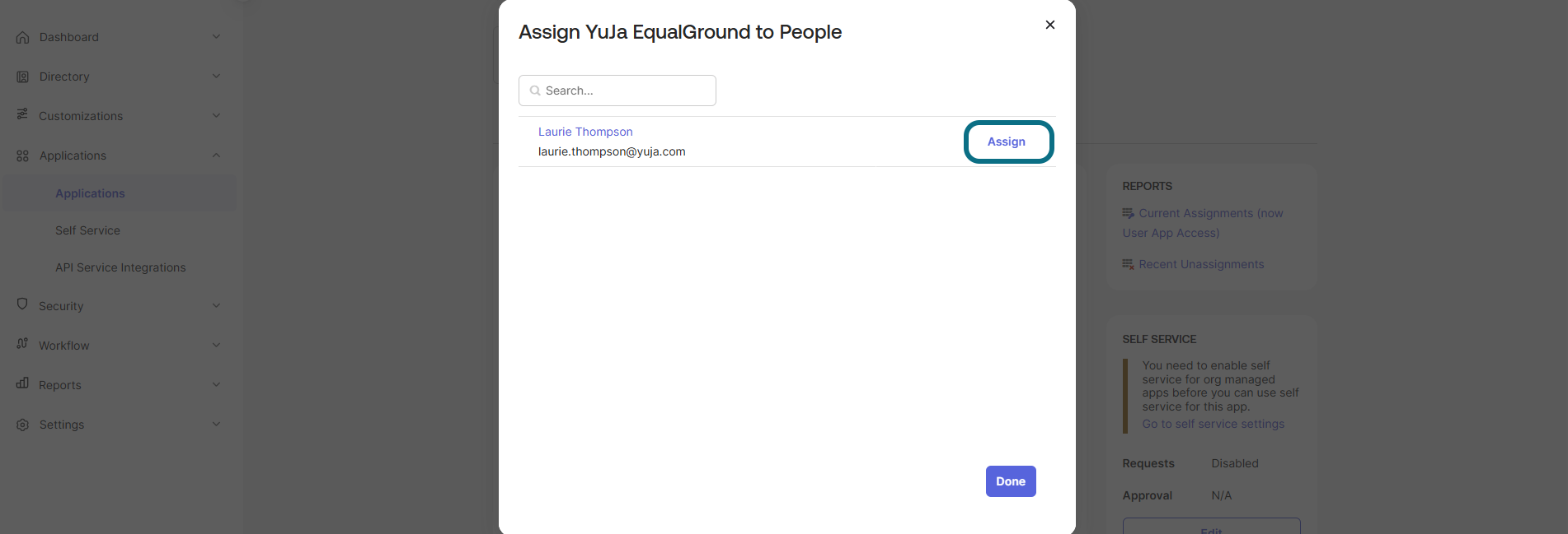 Okta applications page with assign button circled