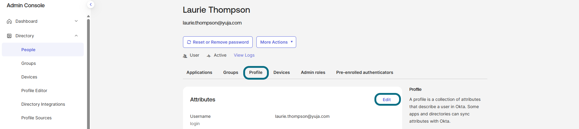 Okta profile tab with profile tab and edit button circled