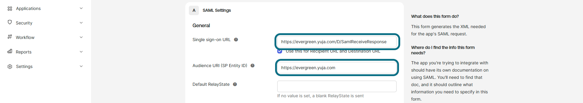 Okta applications page with URL field circled