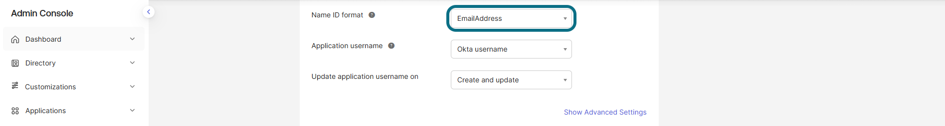 Okta applications page with name ID format field circled