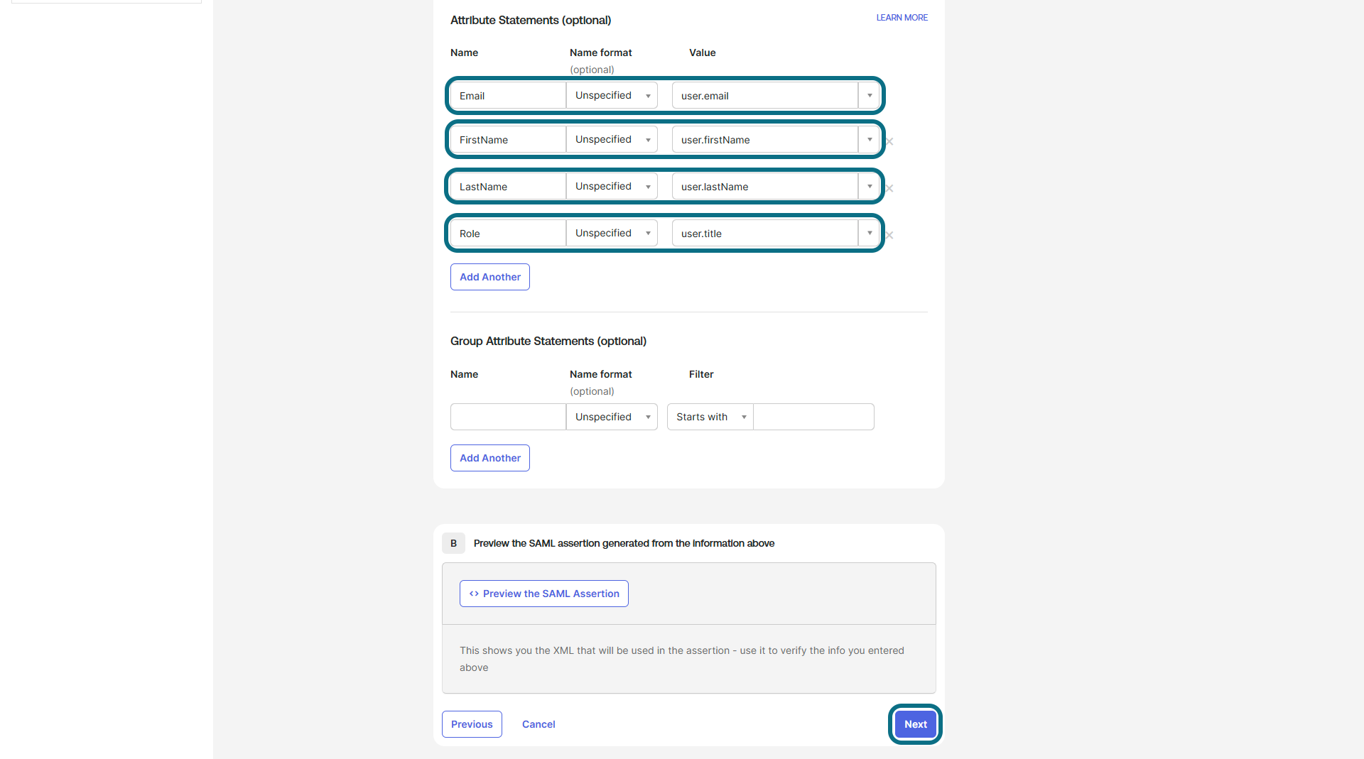 Okta applications page with attribute statements fields and next button circled