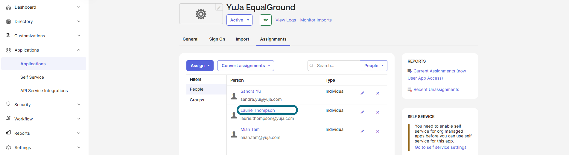 Okta applications page with name circled