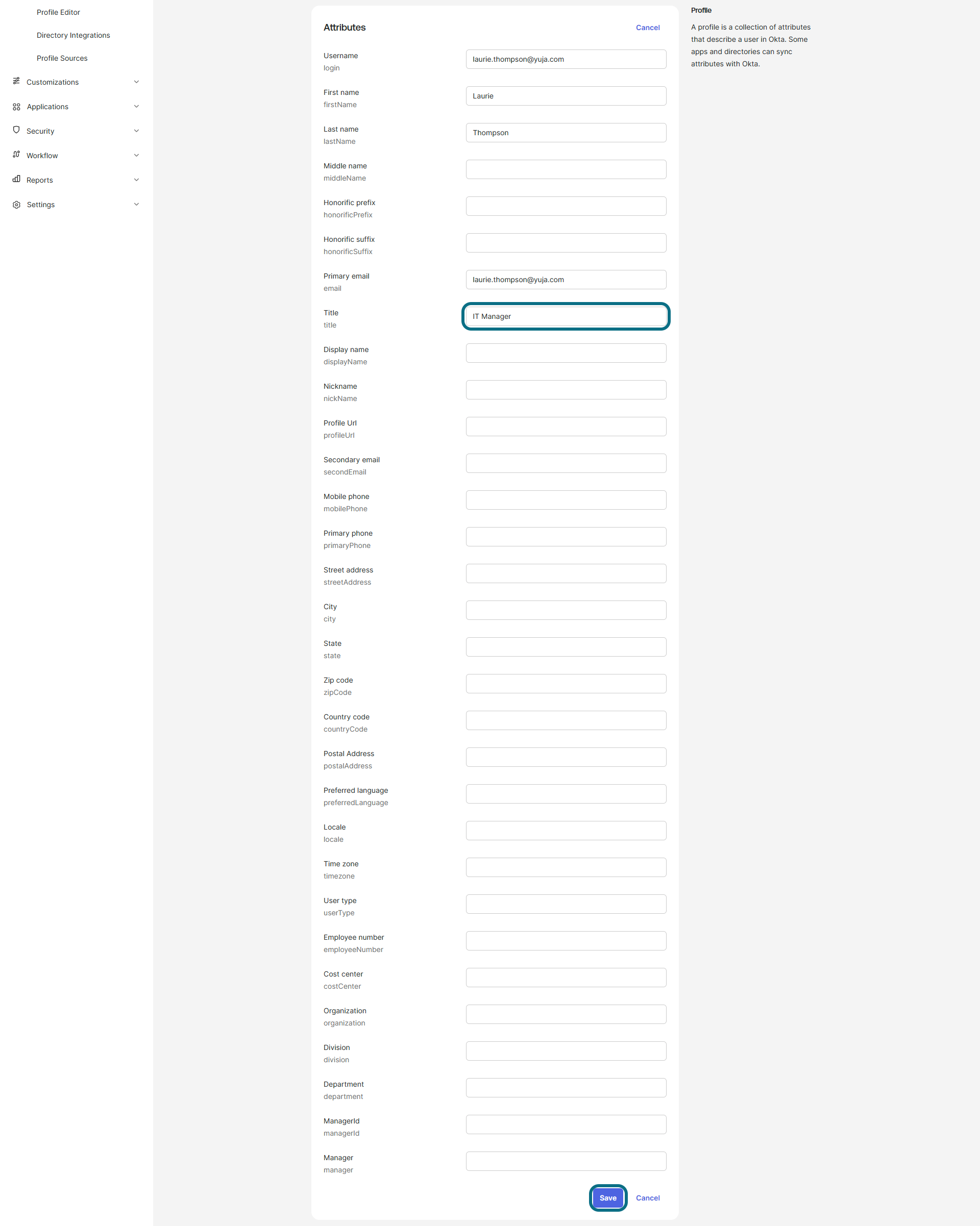 Okta applications page with title field and save button circled