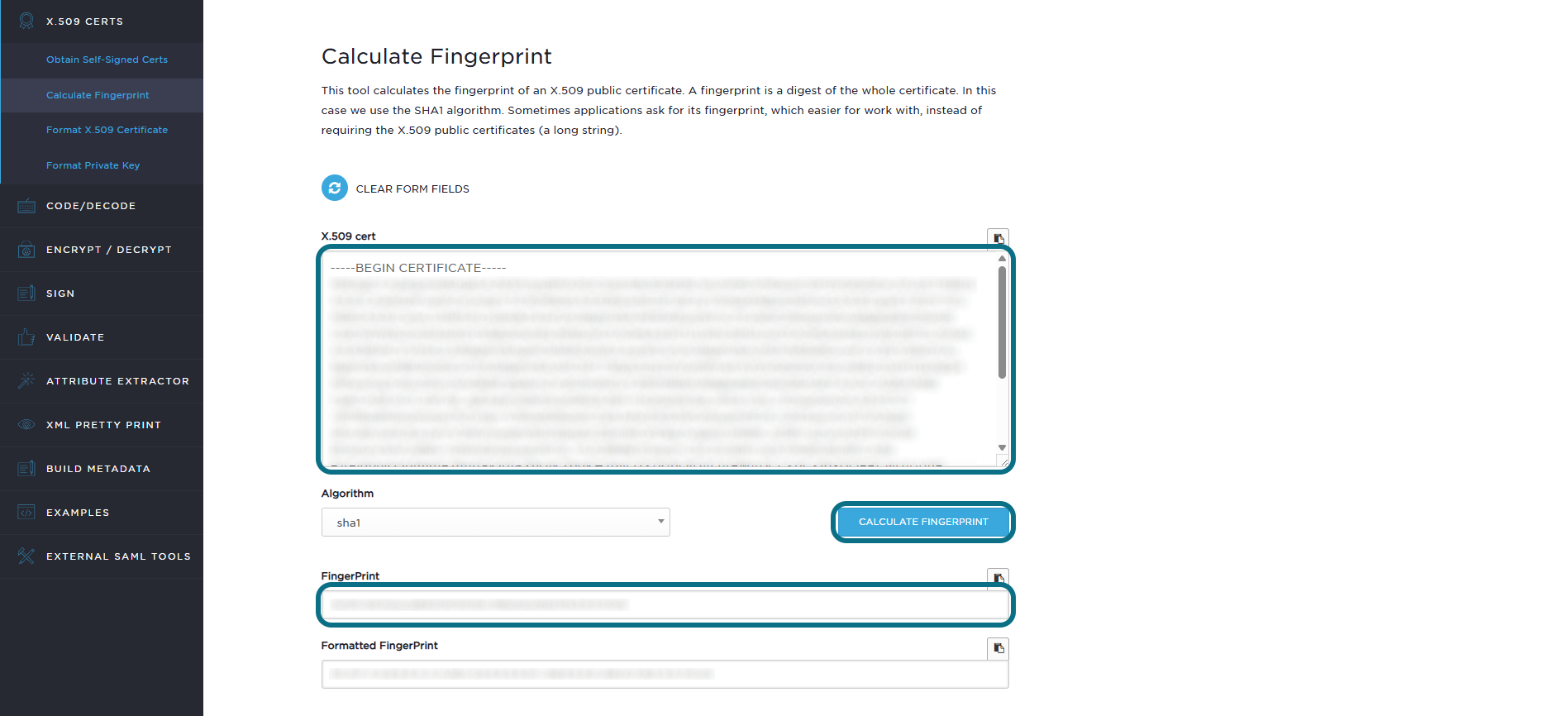 One Login Calculate Fingerprint page with certificate and fingerprint buttons circled