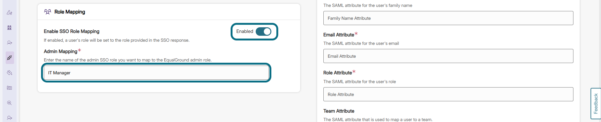 EqualGround integration settings with admin role toggle and button circled