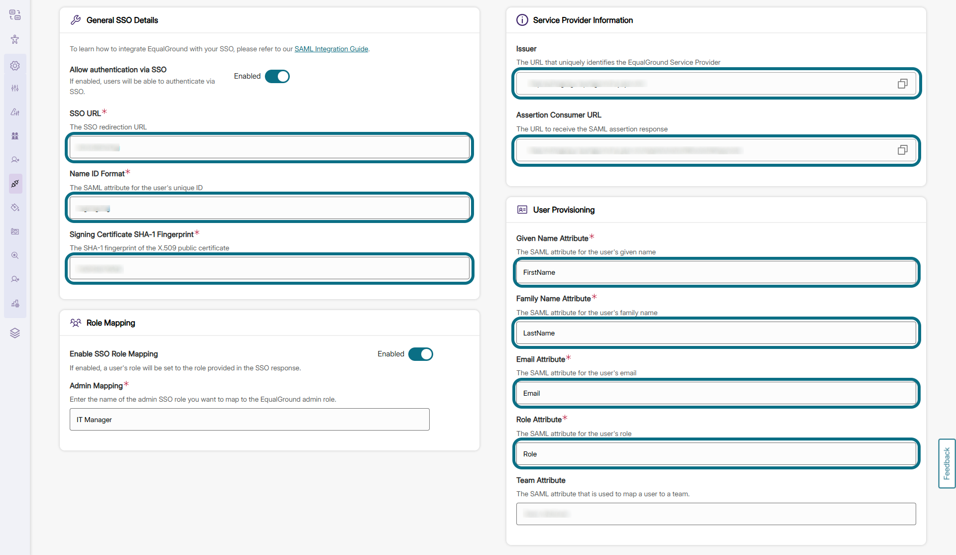 EqualGround integration settings with fields circled