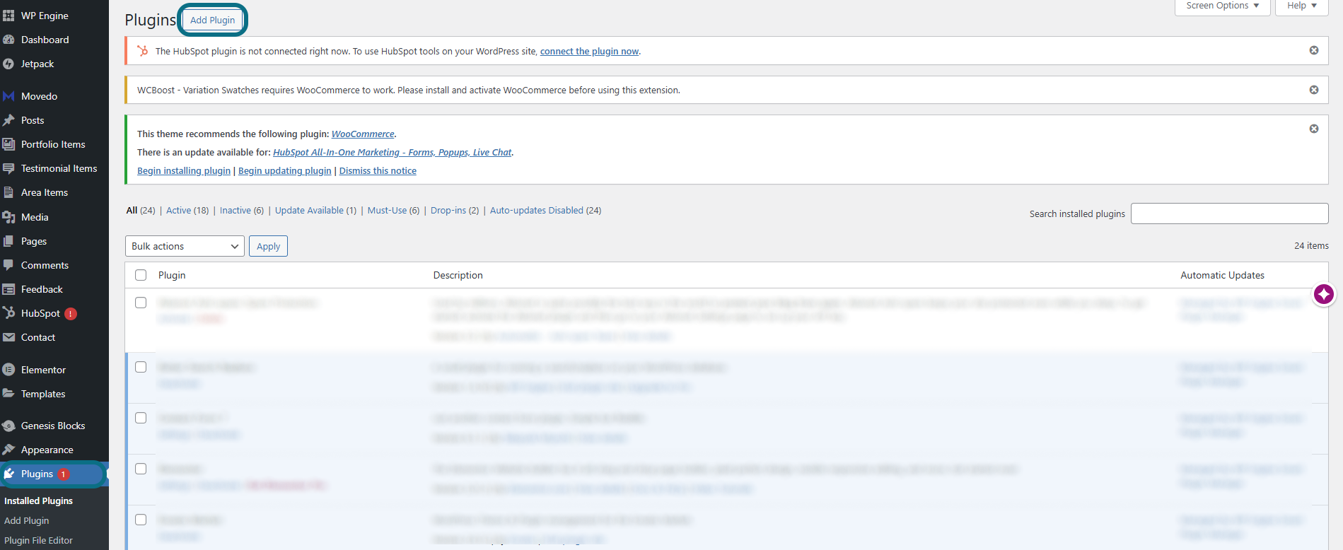 WordPress plugins with plugins tab and add plugin button circled
