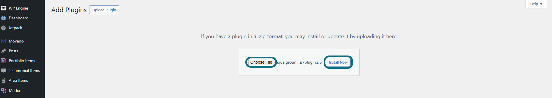 WordPress with choose file and install now buttons circled