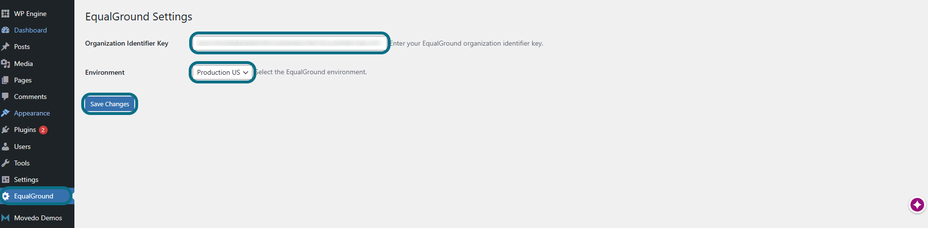 WordPress plugin settings with EqualGround tab, settings fields and save changes button circled