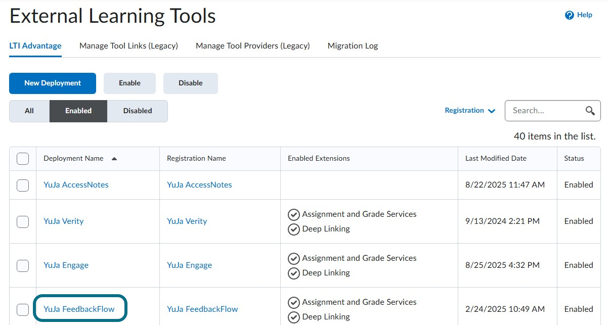 Selecting YuJa FeedbackFlow in External Learning Tools.