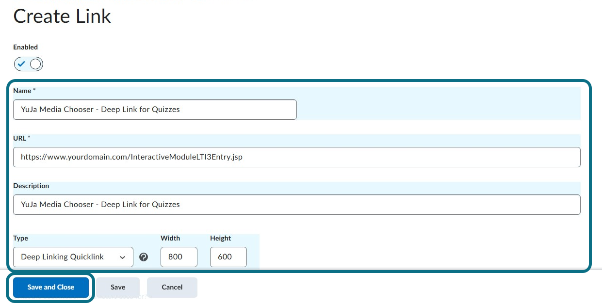 The Create Link page highlighting the Media Chooser Deep Link for Quizzes link creation.