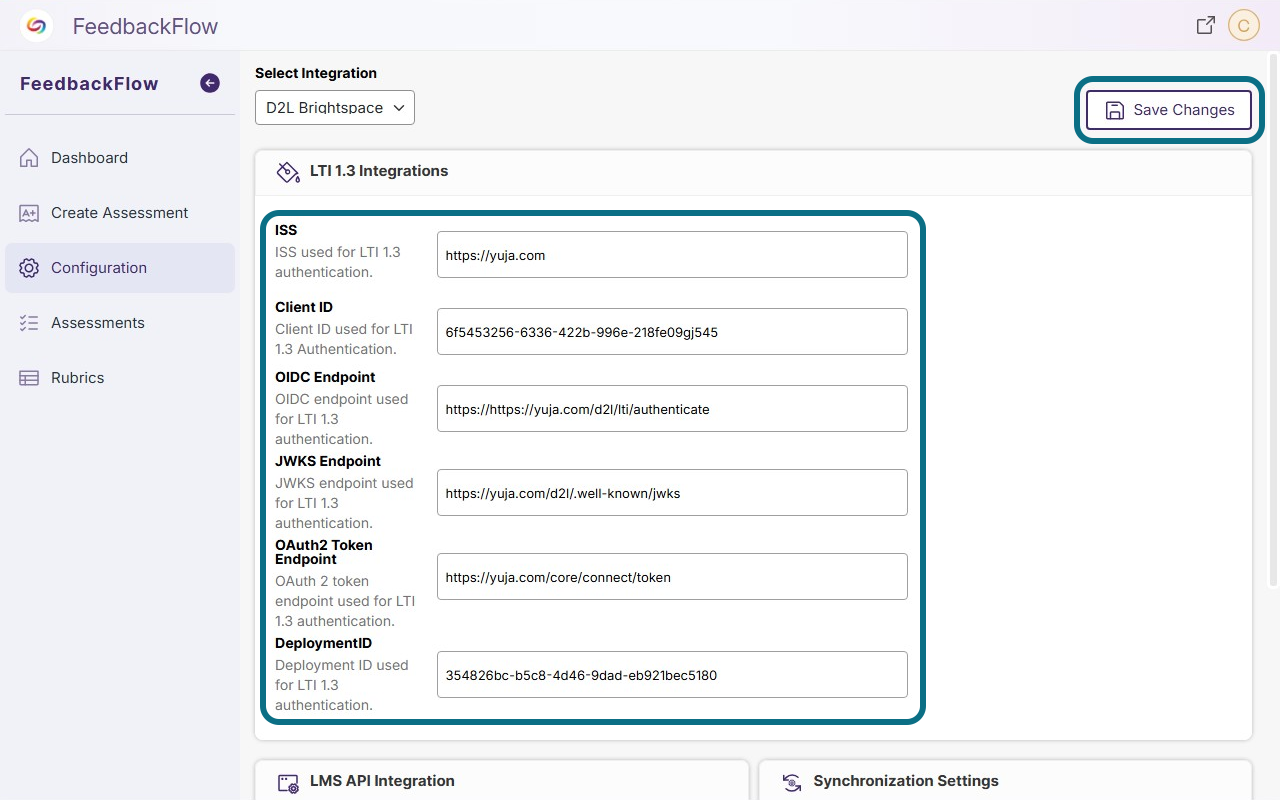 The LTI 1.3 Integrations field in FeedbackFlow.